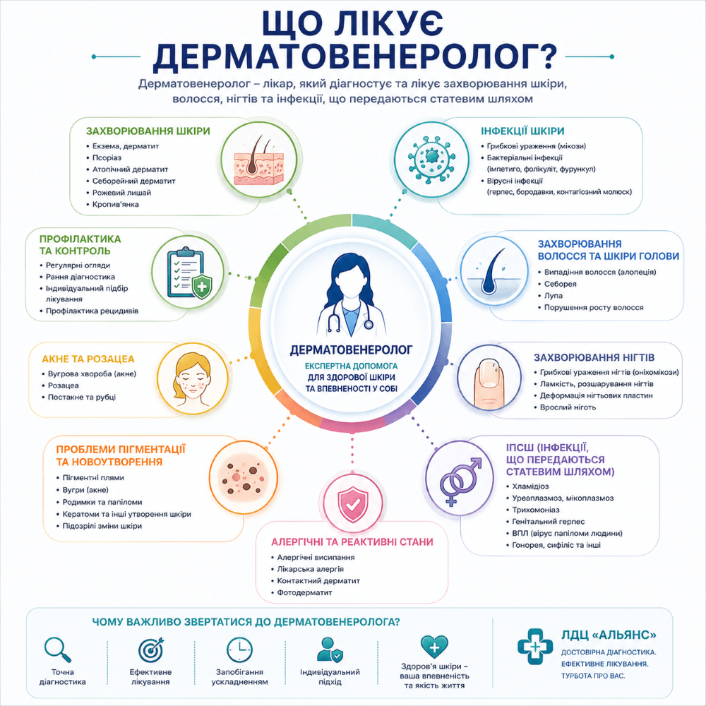 Дерматовенеролог у Кропивницькому — сучасна діагностика та лікування захворювань шкіри, волосся, нігтів та інфекцій, що передаються статевим шляхом