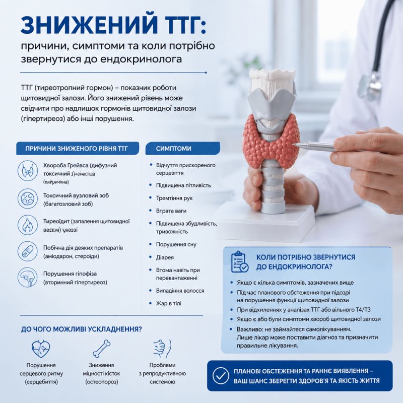 Знижений ТТГ: причини, симптоми та коли потрібно звернутися до ендокринолога